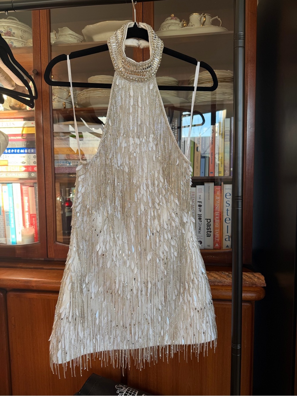 Retrofete Ivory Beaded Halter Mini Dress